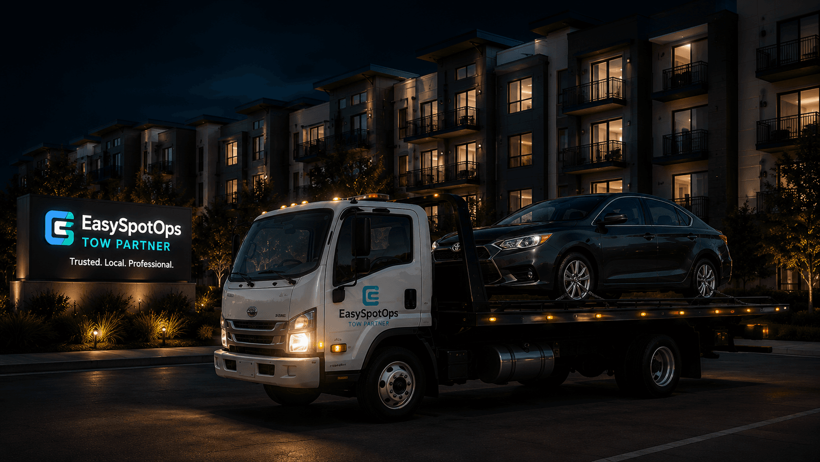 EasySpotOps Tow Partner truck outside an apartment community